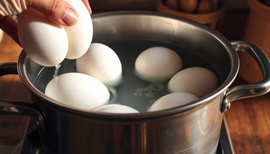 A set of large, farm-fresh eggs being carefully added to a heavy-bottomed pot filled with crystal clear water. The pot is placed on a rustic wooden stovetop, the warm glow of a nearby window casting a soft, natural light across the scene. The eggs gently sink to the bottom, their shells gleaming. Beads of condensation form on the pot's surface, hinting at the steam building within. The overall mood is one of patient, methodical preparation - a quiet, focused moment in the kitchen, free of distractions, dedicated to the art of perfectly cooked hard-boiled eggs.