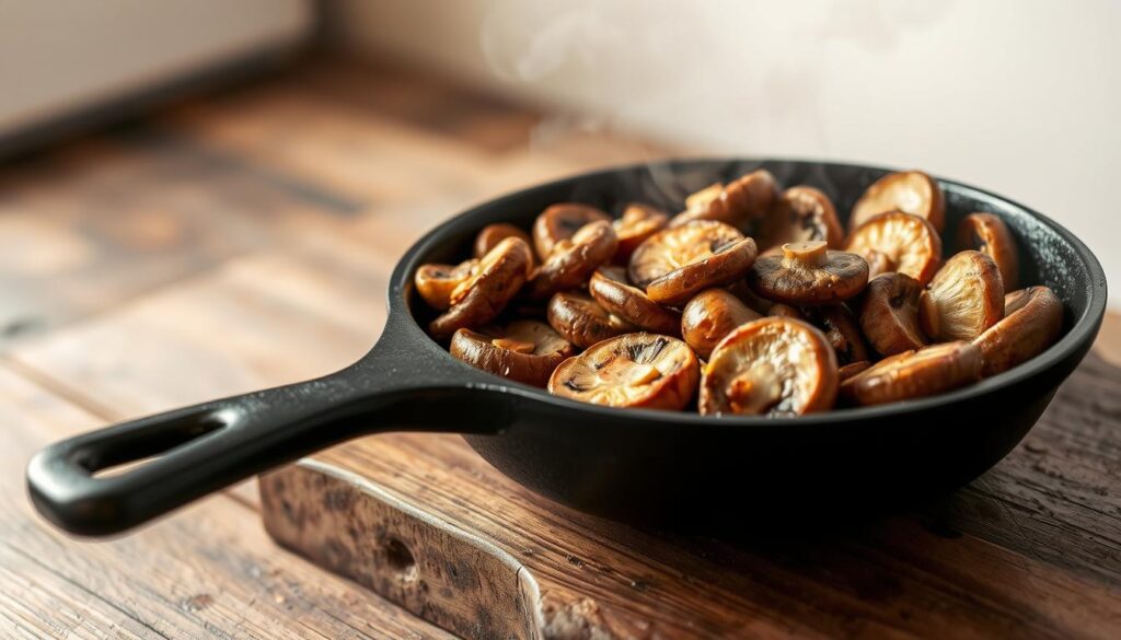 A sizzling cast-iron skillet sits on a rustic wooden surface, filled with golden-brown, perfectly seared mushrooms. Steam rises from the pan, carrying the earthy, savory aroma. The mushrooms are arranged in a visually appealing pattern, their surfaces caramelized and glistening under the warm, diffused lighting. In the background, a minimal, natural-toned setting emphasizes the simplicity and focus on the cooking technique. The camera angle is slightly elevated, capturing the texture and depth of the dish, inviting the viewer to experience the satisfying process of sautéing mushrooms to perfection.
