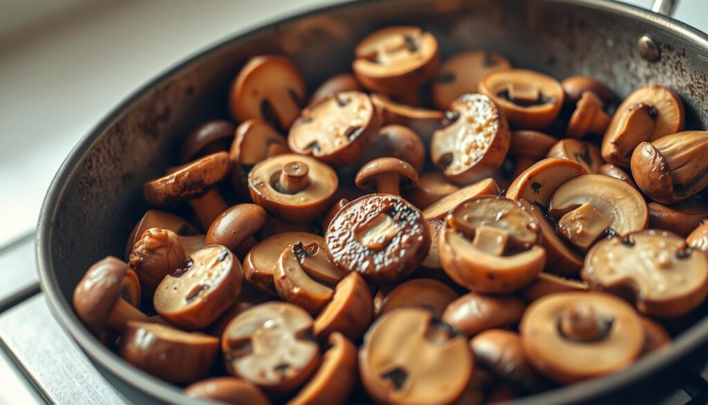 A sizzling pan filled with fresh, brown mushrooms, their caps glistening under the warm, golden lighting. The mushrooms are arranged in a visually appealing manner, with some sliced and others whole, creating a sense of depth and texture. The background is slightly blurred, but hints at a clean, minimalist kitchen setting, allowing the mushrooms to be the focal point. The overall scene conveys the idea of cooking and the aroma of sautéed mushrooms, reflecting the article's subject and section title.
