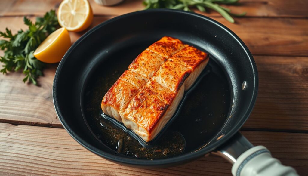 A sizzling pan on a rustic wooden table, filled with a succulent salmon fillet, its skin seared to a golden crisp. The fish glistens under the warm, soft lighting, its flaky texture hinting at the juicy, flavor-packed interior. Alongside, a selection of fresh herbs, lemon wedges, and a drizzle of olive oil, creating a visually appealing and mouthwatering scene. The angle captures the dish at an eye-level perspective, inviting the viewer to imagine the satisfying sizzle and aroma of the perfectly cooked salmon. The overall mood is one of culinary expertise and the comforting simplicity of a classic pan-fried salmon dish. A sizzling pan on a rustic wooden table, filled with a succulent salmon fillet, its skin seared to a golden crisp. The fish glistens under the warm, soft lighting, its flaky texture hinting at the juicy, flavor-packed interior. Alongside, a selection of fresh herbs, lemon wedges, and a drizzle of olive oil, creating a visually appealing and mouthwatering scene. The angle captures the dish at an eye-level perspective, inviting the viewer to imagine the satisfying sizzle and aroma of the perfectly cooked salmon. The overall mood is one of culinary expertise and the comforting simplicity of a classic pan-fried salmon dish.