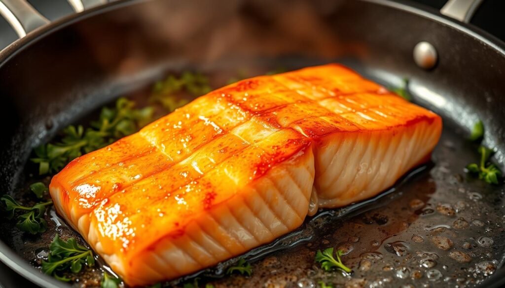 A sizzling pan with a golden-brown salmon fillet, its flesh glistening with a crisp, caramelized exterior. The fish rests atop a bed of fresh herbs, their vibrant colors and delicate textures creating a visually compelling contrast. Beams of warm, soft lighting filter through the frame, casting a gentle glow and accentuating the succulent appearance of the salmon. The overall composition evokes a sense of culinary mastery, inviting the viewer to imagine the savory aromas and satisfying textures of the perfectly seared seafood. A sizzling pan with a golden-brown salmon fillet, its flesh glistening with a crisp, caramelized exterior. The fish rests atop a bed of fresh herbs, their vibrant colors and delicate textures creating a visually compelling contrast. Beams of warm, soft lighting filter through the frame, casting a gentle glow and accentuating the succulent appearance of the salmon. The overall composition evokes a sense of culinary mastery, inviting the viewer to imagine the savory aromas and satisfying textures of the perfectly seared seafood.