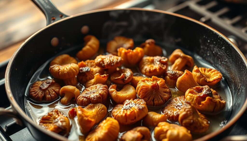 A skillet filled with golden-brown fried chanterelle mushrooms, sizzling in a pool of melted butter. The mushrooms have a crisp, caramelized exterior and a tender, juicy interior, releasing a fragrant, earthy aroma that fills the air. The lighting is warm and inviting, casting a soft glow over the scene. The camera angle is slightly elevated, capturing the texture and detail of the mushrooms in the foreground, while the background is blurred, keeping the focus on the star of the dish. The overall mood is one of rustic elegance, evoking the comforting and satisfying experience of preparing and enjoying this classic Polish dish. A skillet filled with golden-brown fried chanterelle mushrooms, sizzling in a pool of melted butter. The mushrooms have a crisp, caramelized exterior and a tender, juicy interior, releasing a fragrant, earthy aroma that fills the air. The lighting is warm and inviting, casting a soft glow over the scene. The camera angle is slightly elevated, capturing the texture and detail of the mushrooms in the foreground, while the background is blurred, keeping the focus on the star of the dish. The overall mood is one of rustic elegance, evoking the comforting and satisfying experience of preparing and enjoying this classic Polish dish.