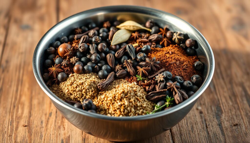 A stainless steel bowl filled with an assortment of whole and ground spices, including black peppercorns, allspice, cloves, bay leaves, and thyme. The spices are illuminated by warm, diffused lighting, casting soft shadows and highlights that accentuate their textures and colors. The bowl is positioned on a rustic wooden surface, with a clean, minimalist background that allows the spices to be the central focus of the image. The overall mood is one of culinary elegance and aromatic sophistication, capturing the essence of the "przyprawa do schabu" (pork seasoning) and its use in creating delicate and juicy pork dishes. A stainless steel bowl filled with an assortment of whole and ground spices, including black peppercorns, allspice, cloves, bay leaves, and thyme. The spices are illuminated by warm, diffused lighting, casting soft shadows and highlights that accentuate their textures and colors. The bowl is positioned on a rustic wooden surface, with a clean, minimalist background that allows the spices to be the central focus of the image. The overall mood is one of culinary elegance and aromatic sophistication, capturing the essence of the "przyprawa do schabu" (pork seasoning) and its use in creating delicate and juicy pork dishes.