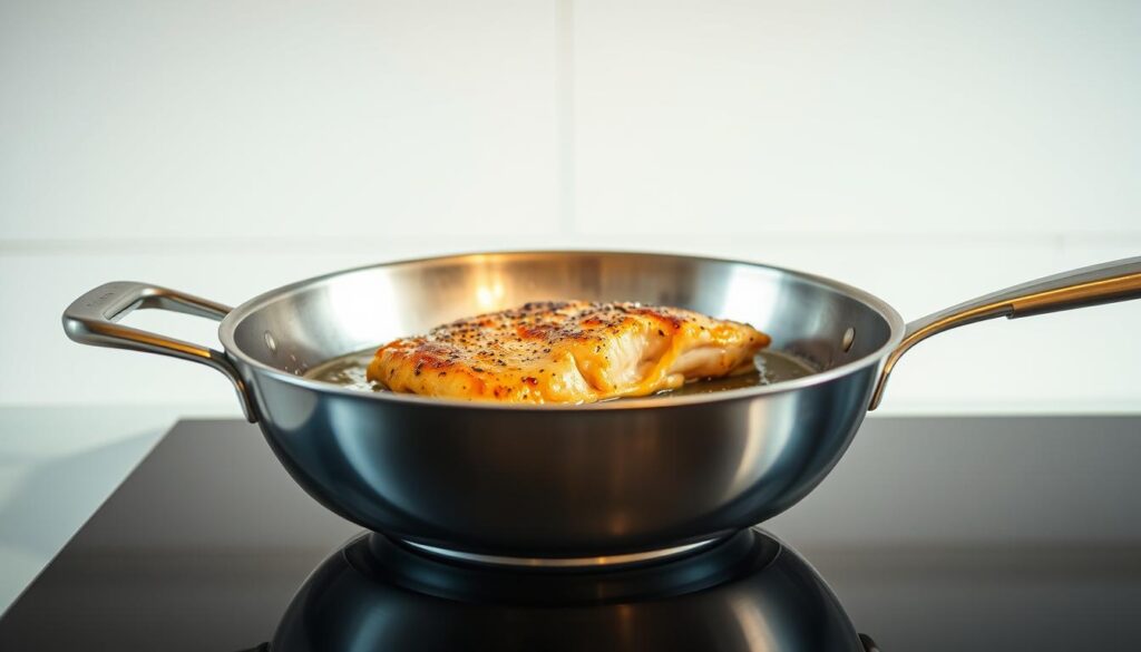 A stainless steel frying pan filled with sizzling oil, its surface glistening under a warm, natural light. The pan is positioned on a sleek, modern kitchen counter, against a backdrop of clean, white walls. The scene exudes an atmosphere of culinary precision and attention to detail, inviting the viewer to imagine the perfect sear and juicy texture of a pan-fried chicken breast. The composition emphasizes the importance of maintaining the correct cooking temperature, a crucial factor in achieving the ideal result. A stainless steel frying pan filled with sizzling oil, its surface glistening under a warm, natural light. The pan is positioned on a sleek, modern kitchen counter, against a backdrop of clean, white walls. The scene exudes an atmosphere of culinary precision and attention to detail, inviting the viewer to imagine the perfect sear and juicy texture of a pan-fried chicken breast. The composition emphasizes the importance of maintaining the correct cooking temperature, a crucial factor in achieving the ideal result.
