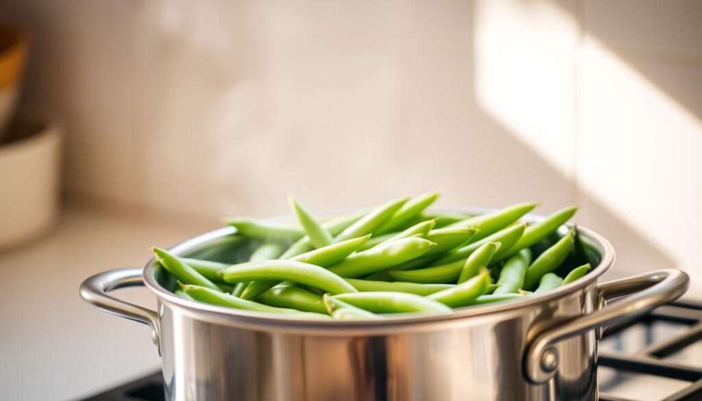 A stainless steel pot filled with fresh green broad beans gently simmering on a classic stovetop. Warm, natural light filters through a nearby window, casting a soft glow on the tender legumes. The scene evokes the aromas of a homemade meal, inviting the viewer to consider the perfect cooking time to achieve the ideal texture and flavor. The composition focuses on the pot in the foreground, while a neutral background allows the subject to take center stage. The image conveys the simplicity and comfort of a traditional dish, making it a fitting visual accompaniment to the article's section on cooking broad beans. A stainless steel pot filled with fresh green broad beans gently simmering on a classic stovetop. Warm, natural light filters through a nearby window, casting a soft glow on the tender legumes. The scene evokes the aromas of a homemade meal, inviting the viewer to consider the perfect cooking time to achieve the ideal texture and flavor. The composition focuses on the pot in the foreground, while a neutral background allows the subject to take center stage. The image conveys the simplicity and comfort of a traditional dish, making it a fitting visual accompaniment to the article's section on cooking broad beans.