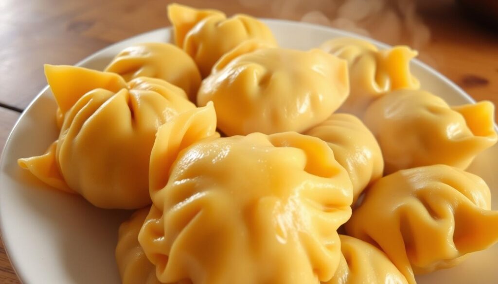A steaming plate of freshly cooked Silesian dumplings, their golden-brown surfaces glistening under soft, warm lighting. The dumplings are arranged in a visually appealing manner, showcasing their fluffy, pillowy texture and slightly irregular shapes, which are characteristic of homemade fare. In the background, a wooden surface or table provides a rustic, natural backdrop, complementing the traditional nature of the dish. The overall composition evokes a sense of homemade comfort and culinary craft, inviting the viewer to imagine the process of carefully preparing these dumplings for freezing, in order to preserve their delicious flavor and texture for future enjoyment. A steaming plate of freshly cooked Silesian dumplings, their golden-brown surfaces glistening under soft, warm lighting. The dumplings are arranged in a visually appealing manner, showcasing their fluffy, pillowy texture and slightly irregular shapes, which are characteristic of homemade fare. In the background, a wooden surface or table provides a rustic, natural backdrop, complementing the traditional nature of the dish. The overall composition evokes a sense of homemade comfort and culinary craft, inviting the viewer to imagine the process of carefully preparing these dumplings for freezing, in order to preserve their delicious flavor and texture for future enjoyment.
