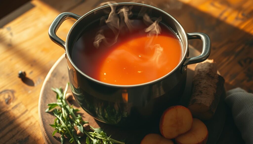 A steaming pot of richly colored, aromatic broth sits atop a rustic wooden table, casting warm golden light across the scene. The liquid, a deep amber hue, simmers gently, its surface dotted with delicate wisps of steam. Surrounding the pot, an arrangement of fresh herbs, whole peppercorns, and sliced root vegetables add depth and complexity to the composition. The lighting is soft and diffused, creating a cozy, inviting atmosphere, as if the viewer is about to partake in a nourishing, homemade meal. The overall mood is one of comfort, care, and the simple pleasures of a well-crafted, soulful broth.