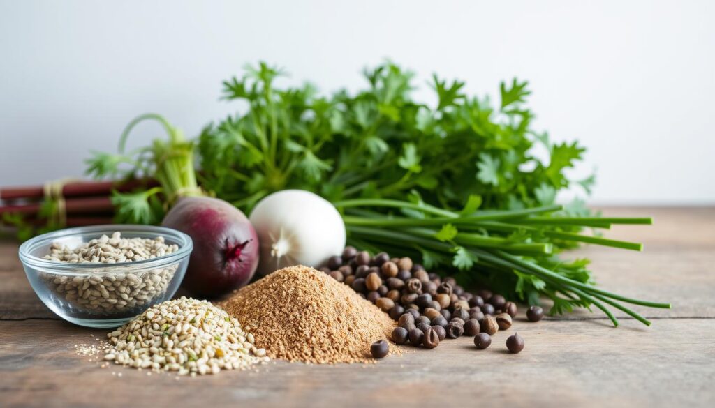 A still life arrangement showcasing an assortment of aromatic spices and herbs for seasoning beets. In the foreground, a selection of whole and ground spices such as caraway seeds, dill, bay leaves, and peppercorns, arranged neatly on a rustic wooden surface. In the middle ground, fresh bunches of dill, parsley, and chives add vibrant pops of green. The background features a plain white wall, casting a soft, even light across the scene. The overall mood is one of simple elegance, highlighting the flavorful ingredients that can transform plain beets into a delightful dish. A still life arrangement showcasing an assortment of aromatic spices and herbs for seasoning beets. In the foreground, a selection of whole and ground spices such as caraway seeds, dill, bay leaves, and peppercorns, arranged neatly on a rustic wooden surface. In the middle ground, fresh bunches of dill, parsley, and chives add vibrant pops of green. The background features a plain white wall, casting a soft, even light across the scene. The overall mood is one of simple elegance, highlighting the flavorful ingredients that can transform plain beets into a delightful dish.