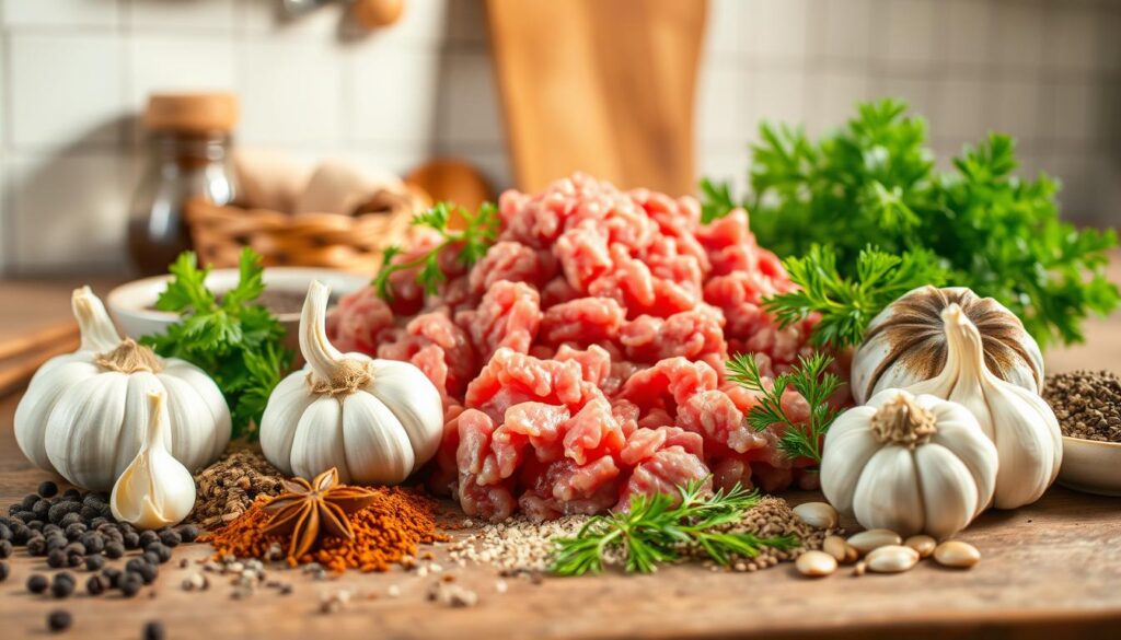 A still life arrangement showcasing an assortment of traditional Polish spices and seasonings for minced meat, bathed in warm, natural lighting. The foreground features a selection of whole and ground spices, including black pepper, marjoram, garlic, and allspice, arranged on a rustic wooden surface. In the middle ground, a pile of freshly minced meat takes center stage, surrounded by sprigs of fresh herbs like parsley and dill. The background subtly hints at a cozy kitchen setting, with hints of a tiled backsplash and the edge of a wooden table. The overall composition evokes the comforting aroma and flavors of classic Polish cuisine, inviting the viewer to imagine the hearty, flavorful dishes these seasonings would enhance. A still life arrangement showcasing an assortment of traditional Polish spices and seasonings for minced meat, bathed in warm, natural lighting. The foreground features a selection of whole and ground spices, including black pepper, marjoram, garlic, and allspice, arranged on a rustic wooden surface. In the middle ground, a pile of freshly minced meat takes center stage, surrounded by sprigs of fresh herbs like parsley and dill. The background subtly hints at a cozy kitchen setting, with hints of a tiled backsplash and the edge of a wooden table. The overall composition evokes the comforting aroma and flavors of classic Polish cuisine, inviting the viewer to imagine the hearty, flavorful dishes these seasonings would enhance.