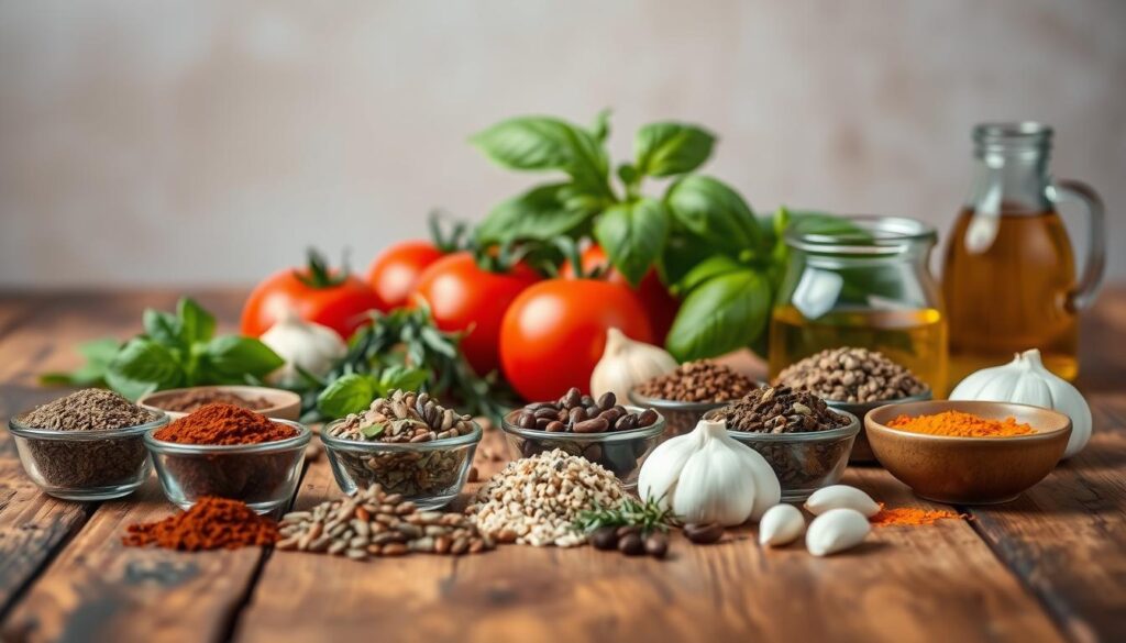 A still life photograph of an assortment of classic Italian spices and herbs for tomato soup, arranged on a rustic wooden table. The foreground features whole and ground spices such as basil, oregano, thyme, rosemary, garlic, and peppercorns, neatly organized in small bowls. The middle ground showcases a few fresh tomatoes, a bundle of fresh basil leaves, and a small glass jar filled with olive oil. The background has a neutral, slightly blurred backdrop, creating a sense of depth and focus on the culinary ingredients. The lighting is soft and diffused, emphasizing the natural colors and textures of the spices, herbs, and produce. The overall mood is warm, inviting, and evocative of authentic Italian cuisine. A still life photograph of an assortment of classic Italian spices and herbs for tomato soup, arranged on a rustic wooden table. The foreground features whole and ground spices such as basil, oregano, thyme, rosemary, garlic, and peppercorns, neatly organized in small bowls. The middle ground showcases a few fresh tomatoes, a bundle of fresh basil leaves, and a small glass jar filled with olive oil. The background has a neutral, slightly blurred backdrop, creating a sense of depth and focus on the culinary ingredients. The lighting is soft and diffused, emphasizing the natural colors and textures of the spices, herbs, and produce. The overall mood is warm, inviting, and evocative of authentic Italian cuisine.
