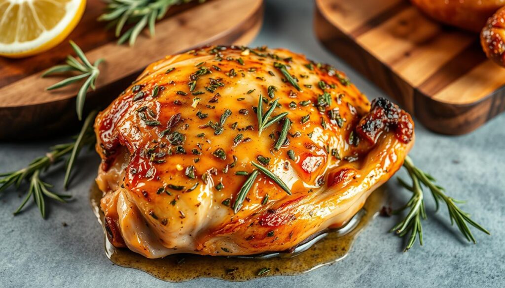 A succulent chicken thigh marinated in a blend of aromatic herbs and spices, including fragrant rosemary, earthy thyme, and tangy lemon zest. The meat glistens with a golden-brown sear, set against a backdrop of rustic wooden boards and a simple, minimalist composition. Soft, natural lighting illuminates the dish, casting gentle shadows and highlighting the texture of the skin. The overall mood is warm, inviting, and appetizing, perfectly capturing the essence of the "Marynata do udek z kurczaka" recipe. A succulent chicken thigh marinated in a blend of aromatic herbs and spices, including fragrant rosemary, earthy thyme, and tangy lemon zest. The meat glistens with a golden-brown sear, set against a backdrop of rustic wooden boards and a simple, minimalist composition. Soft, natural lighting illuminates the dish, casting gentle shadows and highlighting the texture of the skin. The overall mood is warm, inviting, and appetizing, perfectly capturing the essence of the "Marynata do udek z kurczaka" recipe.