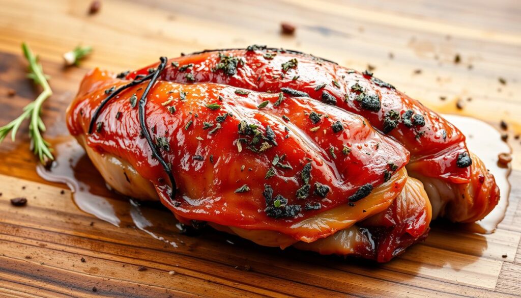 A succulent duck breast marinated in a fragrant, savory mixture of herbs, spices, and citrus. The juicy meat is showcased against a rustic wooden surface, with a few scattered ingredients hinting at the preparation process. Soft, diffused lighting casts a warm, inviting glow, highlighting the rich, caramelized edges of the duck. The composition emphasizes the texture and color of the meat, inviting the viewer to imagine the satisfying crunch of the skin and the tender, flavorful interior. This image captures the essence of the "Przygotowanie piersi przed smażeniem — marynata i nacięcia" section, providing a visually compelling representation of the essential steps in preparing a delectable duck breast.