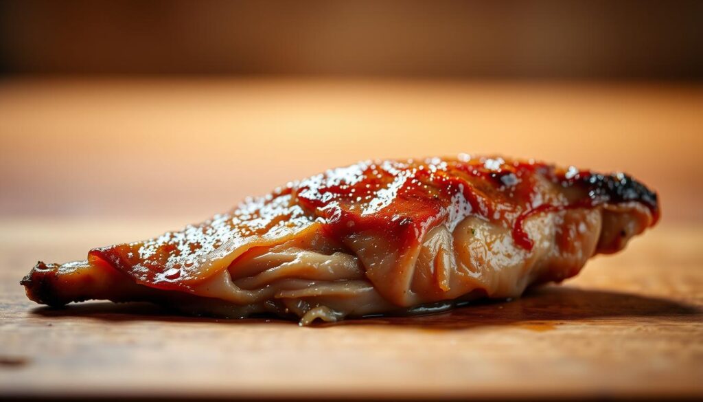 A succulent, perfectly cooked chicken liver, glistening with a golden-brown sear, resting on a smooth wooden surface. The liver's delicate texture and rich, creamy flavor are highlighted by the warm, soft lighting that emanates from above, casting gentle shadows and creating a sense of depth and dimension. The background is blurred, keeping the focus solely on the star of the scene - the tender, mouthwatering "smaczna wątróbka." The lighting and angle capture the liver's luscious appearance, enticing the viewer to imagine the satisfying texture and taste.