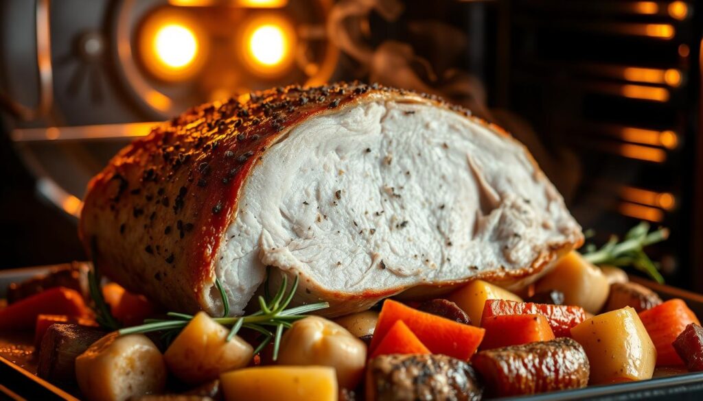 A succulent pork loin roast, seasoned with a fragrant blend of garlic, rosemary, and cracked black pepper, rests on a bed of aromatic root vegetables. The pork's golden-brown crust glistens under the warm, even illumination of a modern oven, while steam rises from the tender, juicy interior. The scene evokes the comforting aroma of a Sunday family dinner, capturing the essence of a perfectly cooked, delicate pork loin that is the centerpiece of the "Pieczenie i techniki obróbki termicznej dla delikatnego schabu" section. A succulent pork loin roast, seasoned with a fragrant blend of garlic, rosemary, and cracked black pepper, rests on a bed of aromatic root vegetables. The pork's golden-brown crust glistens under the warm, even illumination of a modern oven, while steam rises from the tender, juicy interior. The scene evokes the comforting aroma of a Sunday family dinner, capturing the essence of a perfectly cooked, delicate pork loin that is the centerpiece of the "Pieczenie i techniki obróbki termicznej dla delikatnego schabu" section.