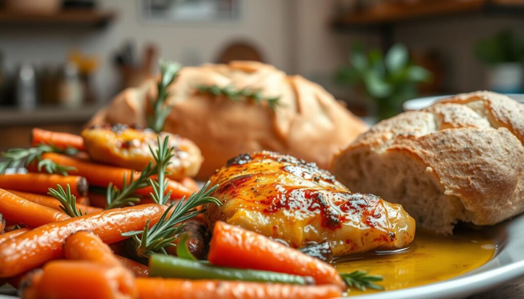 A sumptuous display of appetizing accompaniments to oven-baked chicken thighs, captured in a warm, inviting setting. In the foreground, an artful arrangement of roasted vegetables - tender carrots, crisp green beans, and fragrant rosemary sprigs - all drizzled with a glistening glaze. In the middle ground, a crusty loaf of freshly baked bread, its golden crust begging to be torn apart and dipped in a pool of rich, garlic-infused olive oil. The background is a softly-lit kitchen, hinting at the comforting aromas of a home-cooked meal. The overall scene radiates a sense of culinary delight, perfectly complementing the juicy, flavorful oven-roasted chicken thighs. A sumptuous display of appetizing accompaniments to oven-baked chicken thighs, captured in a warm, inviting setting. In the foreground, an artful arrangement of roasted vegetables - tender carrots, crisp green beans, and fragrant rosemary sprigs - all drizzled with a glistening glaze. In the middle ground, a crusty loaf of freshly baked bread, its golden crust begging to be torn apart and dipped in a pool of rich, garlic-infused olive oil. The background is a softly-lit kitchen, hinting at the comforting aromas of a home-cooked meal. The overall scene radiates a sense of culinary delight, perfectly complementing the juicy, flavorful oven-roasted chicken thighs.