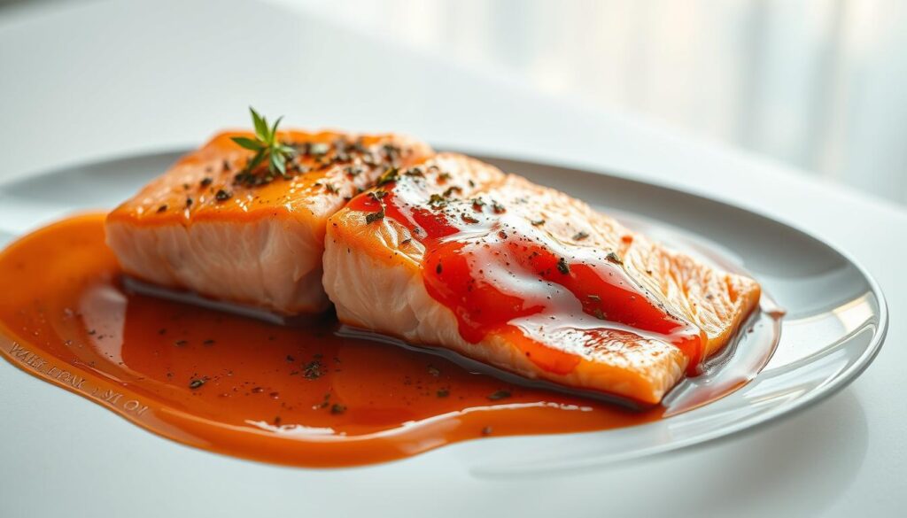 A sumptuous salmon dish, delicately presented on a sleek, modern plate. The fish is perfectly cooked, its flesh glistening and flaky. A vibrant, velvety sauce drapes over the salmon, its hue a rich, earthy reddish-brown. Herbs and spices dance across the surface, adding depth and complexity to the flavors. The plate is set against a minimalist, light-filled backdrop, allowing the star of the show - the expertly prepared salmon - to shine. The composition is balanced, the lighting soft and natural, inviting the viewer to savor each bite. A sumptuous salmon dish, delicately presented on a sleek, modern plate. The fish is perfectly cooked, its flesh glistening and flaky. A vibrant, velvety sauce drapes over the salmon, its hue a rich, earthy reddish-brown. Herbs and spices dance across the surface, adding depth and complexity to the flavors. The plate is set against a minimalist, light-filled backdrop, allowing the star of the show - the expertly prepared salmon - to shine. The composition is balanced, the lighting soft and natural, inviting the viewer to savor each bite.