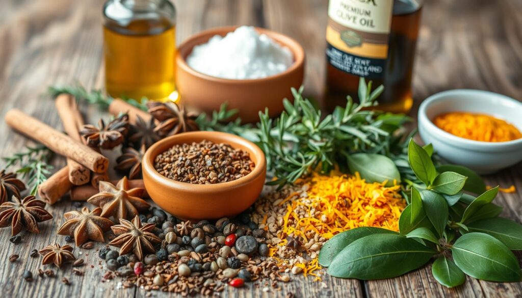 A sumptuous still life of a selection of gourmet spices and herbs arranged on a rustic wooden table, perfectly suited to season a succulent roast duck. In the foreground, an assortment of whole and ground spices, including fragrant cinnamon sticks, star anise, fennel seeds, and peppercorns, as well as fresh sprigs of thyme, rosemary, and bay leaves. In the middle ground, a terracotta bowl filled with coarse sea salt, while the background features a bottle of premium olive oil and a small bowl of fragrant orange zest. The lighting is soft and natural, casting a warm, inviting glow over the composition, evoking the comforting aromas of a hearty duck dinner. A sumptuous still life of a selection of gourmet spices and herbs arranged on a rustic wooden table, perfectly suited to season a succulent roast duck. In the foreground, an assortment of whole and ground spices, including fragrant cinnamon sticks, star anise, fennel seeds, and peppercorns, as well as fresh sprigs of thyme, rosemary, and bay leaves. In the middle ground, a terracotta bowl filled with coarse sea salt, while the background features a bottle of premium olive oil and a small bowl of fragrant orange zest. The lighting is soft and natural, casting a warm, inviting glow over the composition, evoking the comforting aromas of a hearty duck dinner.