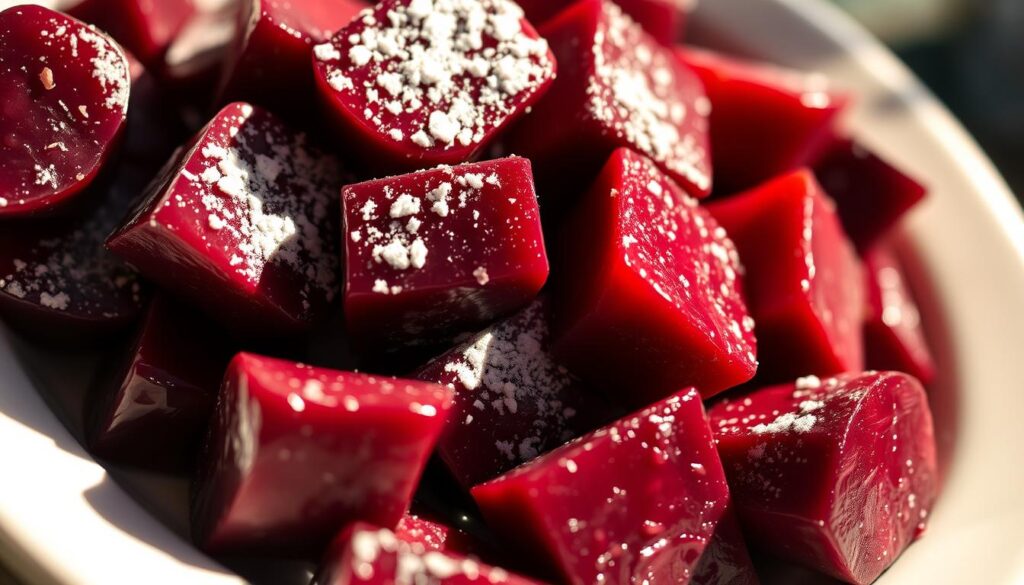 A vibrant, appetizing dish of sweet beets, captured in a warm, softly-lit close-up. The beets, freshly roasted, have a glossy, caramelized surface, their deep, earthy hues contrasted by a delicate sprinkle of powdered sugar. Subtle shadows cast by the beets create depth and dimension, while a shallow depth of field softens the background, allowing the viewer to focus on the tactile, mouthwatering textures of the beets. The lighting is gentle, with a soft, diffused glow that enhances the natural sweetness and rich, jewel-toned colors of the beets. The overall mood is cozy, inviting and homemade, perfectly capturing the essence of "buraczki na słodko" - sweet beets, a comforting Polish dish. A vibrant, appetizing dish of sweet beets, captured in a warm, softly-lit close-up. The beets, freshly roasted, have a glossy, caramelized surface, their deep, earthy hues contrasted by a delicate sprinkle of powdered sugar. Subtle shadows cast by the beets create depth and dimension, while a shallow depth of field softens the background, allowing the viewer to focus on the tactile, mouthwatering textures of the beets. The lighting is gentle, with a soft, diffused glow that enhances the natural sweetness and rich, jewel-toned colors of the beets. The overall mood is cozy, inviting and homemade, perfectly capturing the essence of "buraczki na słodko" - sweet beets, a comforting Polish dish.