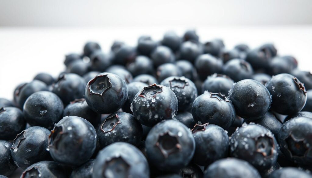 A vibrant, high-resolution image of freshly picked blueberries in the foreground, showcasing their rich, deep-blue hue and plump, juicy appearance. In the middle ground, the same blueberries are depicted after being frozen, with a frosted, crystalline texture, highlighting the visual transformation. The background features a clean, minimalist setting, allowing the contrast between the fresh and frozen berries to take center stage. The lighting is soft and diffused, creating a sense of depth and emphasizing the natural beauty of the subject. The overall composition is balanced and visually striking, capturing the nutritional changes that occur in blueberries during the freezing process. A vibrant, high-resolution image of freshly picked blueberries in the foreground, showcasing their rich, deep-blue hue and plump, juicy appearance. In the middle ground, the same blueberries are depicted after being frozen, with a frosted, crystalline texture, highlighting the visual transformation. The background features a clean, minimalist setting, allowing the contrast between the fresh and frozen berries to take center stage. The lighting is soft and diffused, creating a sense of depth and emphasizing the natural beauty of the subject. The overall composition is balanced and visually striking, capturing the nutritional changes that occur in blueberries during the freezing process.