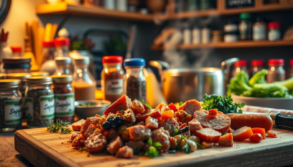 A vibrant kitchen scene, showcasing an array of spices, herbs, and fresh ingredients. In the foreground, a cutting board displays morsels of meat, sausage, and vegetables, inviting the viewer to explore the perfect pairing of flavors. Warm lighting casts a cozy glow, as various jars and bottles of seasonings are neatly arranged, hinting at the endless possibilities for enhancing the dish. The middle ground features a simmering pot, emitting enticing aromas, while the background reveals a well-stocked pantry, suggesting an abundance of culinary options. The overall composition conveys a sense of culinary mastery, where the harmonious blending of ingredients and spices is the key to recreating the comforting flavors of a beloved family recipe. A vibrant kitchen scene, showcasing an array of spices, herbs, and fresh ingredients. In the foreground, a cutting board displays morsels of meat, sausage, and vegetables, inviting the viewer to explore the perfect pairing of flavors. Warm lighting casts a cozy glow, as various jars and bottles of seasonings are neatly arranged, hinting at the endless possibilities for enhancing the dish. The middle ground features a simmering pot, emitting enticing aromas, while the background reveals a well-stocked pantry, suggesting an abundance of culinary options. The overall composition conveys a sense of culinary mastery, where the harmonious blending of ingredients and spices is the key to recreating the comforting flavors of a beloved family recipe.