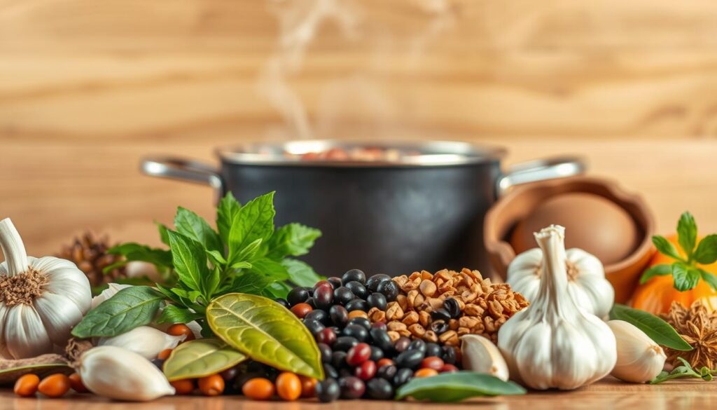 A vibrant still life capturing a variety of ingredients that can accelerate the cooking of beans. In the foreground, a selection of spices, herbs, and seasonings like bay leaves, peppercorns, and garlic cloves are neatly arranged. In the middle ground, a simmering pot of beans is partially visible, with steam rising above. The background features a wooden surface with a clean, minimalist aesthetic, allowing the vibrant colors and textures of the ingredients to take center stage. The lighting is soft and diffused, creating a warm, inviting atmosphere that suggests the comforting aroma of a homemade bean dish. The overall composition highlights the role of these culinary additions in enhancing and expediting the cooking process. A vibrant still life capturing a variety of ingredients that can accelerate the cooking of beans. In the foreground, a selection of spices, herbs, and seasonings like bay leaves, peppercorns, and garlic cloves are neatly arranged. In the middle ground, a simmering pot of beans is partially visible, with steam rising above. The background features a wooden surface with a clean, minimalist aesthetic, allowing the vibrant colors and textures of the ingredients to take center stage. The lighting is soft and diffused, creating a warm, inviting atmosphere that suggests the comforting aroma of a homemade bean dish. The overall composition highlights the role of these culinary additions in enhancing and expediting the cooking process.