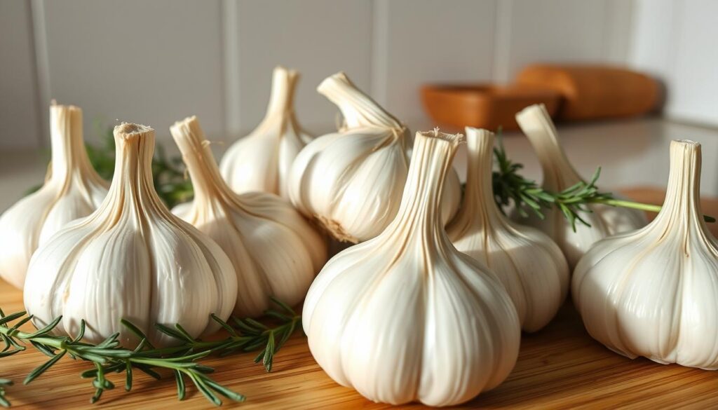 A well-lit close-up of freshly harvested garlic bulbs, their papery white skins glistening. The garlic is arranged neatly on a wooden cutting board, surrounded by sprigs of green herbs like thyme and rosemary. The lighting is soft and diffused, creating gentle shadows that accentuate the texture and form of the garlic. In the background, a simple, uncluttered kitchen counter or table, perhaps with a neutral-colored wall or window providing a clean, minimalist backdrop. The overall mood is one of simplicity, freshness, and the careful preservation of the garlic's aroma and flavor.