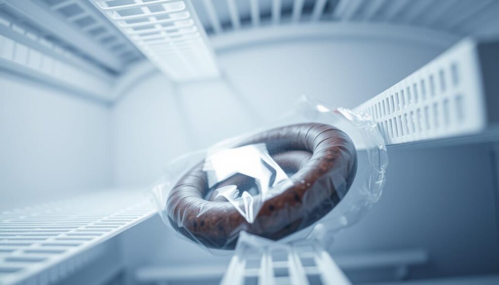 A well-lit, close-up photograph of a package of frozen kaszanka (Polish blood sausage) sitting inside a transparent freezer compartment. The packaging is crisp and clear, revealing the dark, coiled sausage nestled within. The freezer shelves are visible in the background, with a slight frost buildup to convey the chilly, preserved environment. The lighting is bright and even, casting a cool, clinical glow over the scene. The composition is centered, with the kaszanka package filling the frame and taking up the majority of the image. The overall mood is one of preservation, showcasing the proper storage conditions for long-term kaszanka freezing. A well-lit, close-up photograph of a package of frozen kaszanka (Polish blood sausage) sitting inside a transparent freezer compartment. The packaging is crisp and clear, revealing the dark, coiled sausage nestled within. The freezer shelves are visible in the background, with a slight frost buildup to convey the chilly, preserved environment. The lighting is bright and even, casting a cool, clinical glow over the scene. The composition is centered, with the kaszanka package filling the frame and taking up the majority of the image. The overall mood is one of preservation, showcasing the proper storage conditions for long-term kaszanka freezing.