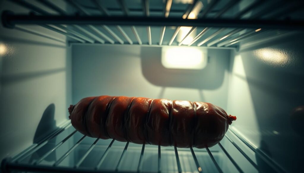 A well-lit, close-up shot of a frozen block of kaszanka (Polish blood sausage) nestled in the frigid shelves of a household freezer. The sausage appears neatly packaged, its dark-red casing visible through the transparent freezer door. Shadows cast by the metal shelves create a moody, industrial atmosphere, while the bright LED lighting illuminates the frozen contents. The image conveys a sense of practicality and preservation, highlighting the proper storage of this traditional Polish delicacy. A well-lit, close-up shot of a frozen block of kaszanka (Polish blood sausage) nestled in the frigid shelves of a household freezer. The sausage appears neatly packaged, its dark-red casing visible through the transparent freezer door. Shadows cast by the metal shelves create a moody, industrial atmosphere, while the bright LED lighting illuminates the frozen contents. The image conveys a sense of practicality and preservation, highlighting the proper storage of this traditional Polish delicacy.