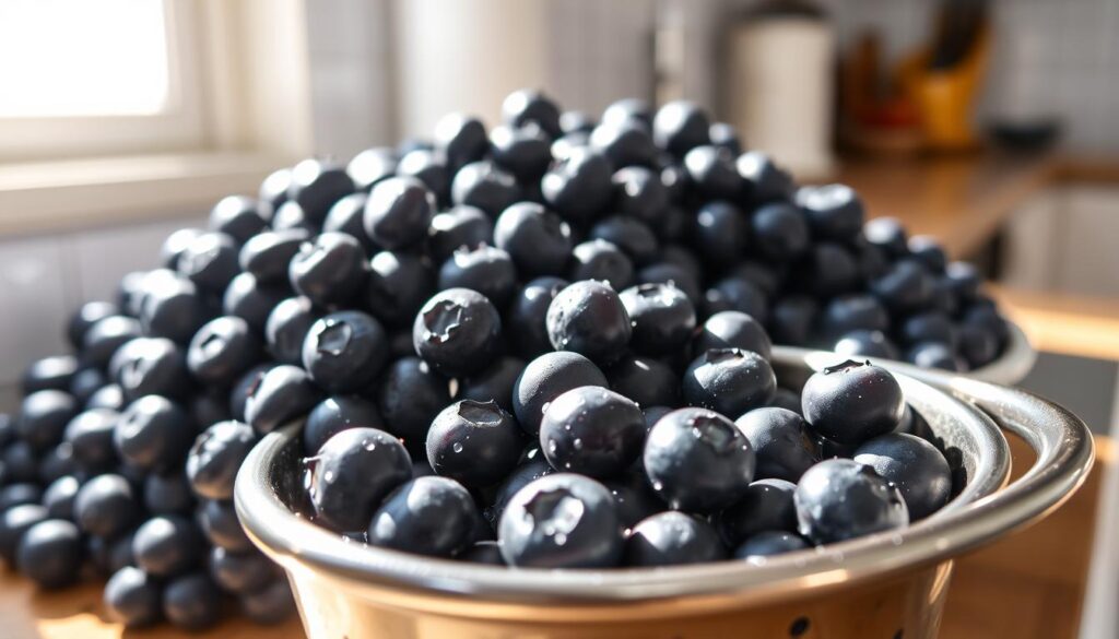 A well-lit kitchen counter showcases a pile of freshly-picked blueberries. The berries are vibrant, plump, and a deep indigo hue. Water droplets cling to their skin, indicating a recent rinse. In the foreground, a clean colander sits ready to receive the washed berries. Sunlight streams in from a nearby window, casting a warm glow over the scene. The background is softly blurred, keeping the focus on the task at hand - preparing the blueberries for freezing to preserve their flavor and nutrients. A well-lit kitchen counter showcases a pile of freshly-picked blueberries. The berries are vibrant, plump, and a deep indigo hue. Water droplets cling to their skin, indicating a recent rinse. In the foreground, a clean colander sits ready to receive the washed berries. Sunlight streams in from a nearby window, casting a warm glow over the scene. The background is softly blurred, keeping the focus on the task at hand - preparing the blueberries for freezing to preserve their flavor and nutrients.