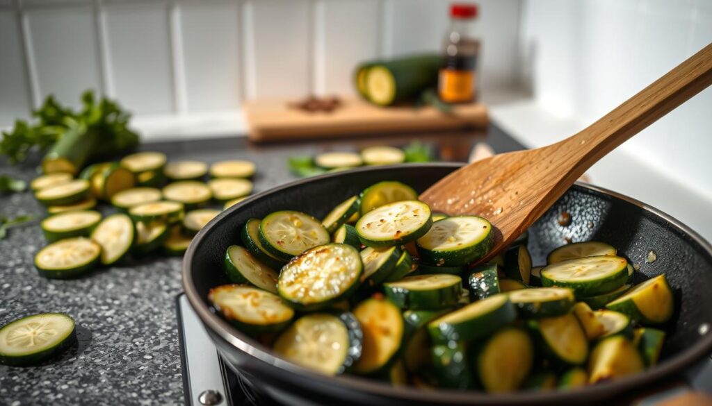 A well-lit kitchen counter, showcasing the step-by-step process of sautéing zucchini. In the foreground, a sliced zucchini is sizzling in a hot pan, with a wooden spatula carefully turning the pieces. In the middle ground, additional zucchini slices are neatly arranged, ready to be added to the pan. The background features a clean, minimalist aesthetic, with a few herbs and spices within reach, suggesting the flavors that will enhance the dish. The lighting is soft and natural, highlighting the vibrant green hues of the zucchini and the delicate browning of the edges. The overall scene conveys a sense of culinary mastery, inviting the viewer to follow along and create a delectable zucchini dish. A well-lit kitchen counter, showcasing the step-by-step process of sautéing zucchini. In the foreground, a sliced zucchini is sizzling in a hot pan, with a wooden spatula carefully turning the pieces. In the middle ground, additional zucchini slices are neatly arranged, ready to be added to the pan. The background features a clean, minimalist aesthetic, with a few herbs and spices within reach, suggesting the flavors that will enhance the dish. The lighting is soft and natural, highlighting the vibrant green hues of the zucchini and the delicate browning of the edges. The overall scene conveys a sense of culinary mastery, inviting the viewer to follow along and create a delectable zucchini dish.