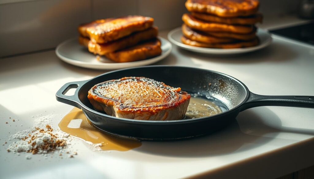 A well-lit kitchen counter, the surface gleaming with a light sheen of oil. In the foreground, a juicy pork chop sizzles in a cast-iron skillet, its edges crisping to a golden-brown hue. The chop is surrounded by a carefully arranged mise en place: a sprinkling of salt and pepper, a dusting of flour, and a small dish of breadcrumbs. In the background, a stack of freshly fried pork chops rests on a plate, their surfaces evenly crisped and glistening. Soft, natural lighting bathes the scene, creating a warm, inviting atmosphere. The overall impression is one of skillful, deliberate preparation, with each element working in harmony to achieve the perfect crispy, golden-brown pork chop. A well-lit kitchen counter, the surface gleaming with a light sheen of oil. In the foreground, a juicy pork chop sizzles in a cast-iron skillet, its edges crisping to a golden-brown hue. The chop is surrounded by a carefully arranged mise en place: a sprinkling of salt and pepper, a dusting of flour, and a small dish of breadcrumbs. In the background, a stack of freshly fried pork chops rests on a plate, their surfaces evenly crisped and glistening. Soft, natural lighting bathes the scene, creating a warm, inviting atmosphere. The overall impression is one of skillful, deliberate preparation, with each element working in harmony to achieve the perfect crispy, golden-brown pork chop.