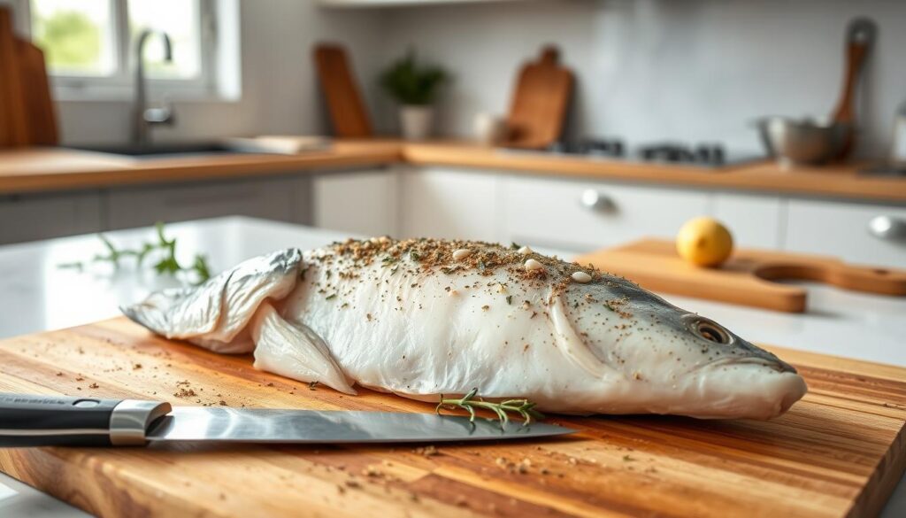 A well-lit kitchen counter with a whole fresh cod, seasoned with a mix of fragrant herbs and spices, resting on a wooden cutting board. In the foreground, a chef's knife and kitchen tools suggest the preparation process. The background features a clean, minimalist kitchen setting, with light streaming in through a window, creating a warm, inviting atmosphere. The image captures the care and attention needed to prepare a delicate and flavorful cod dish, reflecting the article's focus on the art of seasoning and cooking techniques.