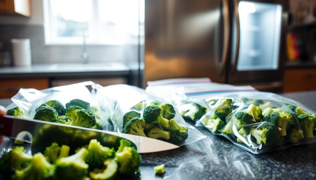 A well-lit kitchen counter with various frozen broccoli preparation methods neatly arranged. In the foreground, a sharp chef's knife slices through fresh broccoli florets, revealing their vibrant green hues. In the middle ground, a series of transparent freezer bags filled with pre-blanched broccoli florets, ready for long-term storage. In the background, a commercial-grade deep freezer stands, its frosted glass door providing a glimpse of the frozen packages within. The scene is bathed in warm, natural lighting, conveying a sense of efficiency and culinary purpose. A well-lit kitchen counter with various frozen broccoli preparation methods neatly arranged. In the foreground, a sharp chef's knife slices through fresh broccoli florets, revealing their vibrant green hues. In the middle ground, a series of transparent freezer bags filled with pre-blanched broccoli florets, ready for long-term storage. In the background, a commercial-grade deep freezer stands, its frosted glass door providing a glimpse of the frozen packages within. The scene is bathed in warm, natural lighting, conveying a sense of efficiency and culinary purpose.