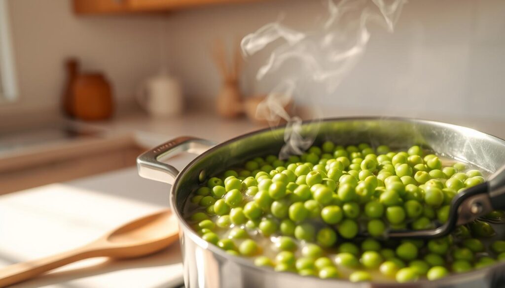A well-lit kitchen scene featuring a large pot simmering on the stove, filled with tender green peas in a savory broth. The peas are cooked to a perfect soft consistency, with a vibrant color and slightly creamy texture. Wisps of fragrant steam rise from the pot, hinting at the delicious aroma. In the foreground, a wooden spoon rests next to the pot, ready to stir and taste the peas. The background shows simple, clean kitchen countertops and cabinets, providing a minimalist setting that allows the focus to remain on the carefully prepared peas. Warm, natural lighting from a nearby window casts a cozy glow over the scene, inviting the viewer to imagine the satisfying taste and texture of the perfectly cooked peas. A well-lit kitchen scene featuring a large pot simmering on the stove, filled with tender green peas in a savory broth. The peas are cooked to a perfect soft consistency, with a vibrant color and slightly creamy texture. Wisps of fragrant steam rise from the pot, hinting at the delicious aroma. In the foreground, a wooden spoon rests next to the pot, ready to stir and taste the peas. The background shows simple, clean kitchen countertops and cabinets, providing a minimalist setting that allows the focus to remain on the carefully prepared peas. Warm, natural lighting from a nearby window casts a cozy glow over the scene, inviting the viewer to imagine the satisfying taste and texture of the perfectly cooked peas.