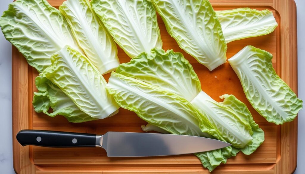 A well-lit overhead view of a wooden cutting board, displaying an arrangement of young cabbage leaves, freshly washed and gently separated, ready for preparation. The leaves are vibrant green with a slight bluish hue, their delicate texture and intricate veining visible. In the foreground, a sharp chef's knife rests beside the cabbage, suggesting the upcoming process of tenderizing the leaves to ensure their optimal softness for cooking. The background is blurred, creating a clean, minimalist focus on the central task of preparing the cabbage before cooking. A well-lit overhead view of a wooden cutting board, displaying an arrangement of young cabbage leaves, freshly washed and gently separated, ready for preparation. The leaves are vibrant green with a slight bluish hue, their delicate texture and intricate veining visible. In the foreground, a sharp chef's knife rests beside the cabbage, suggesting the upcoming process of tenderizing the leaves to ensure their optimal softness for cooking. The background is blurred, creating a clean, minimalist focus on the central task of preparing the cabbage before cooking.