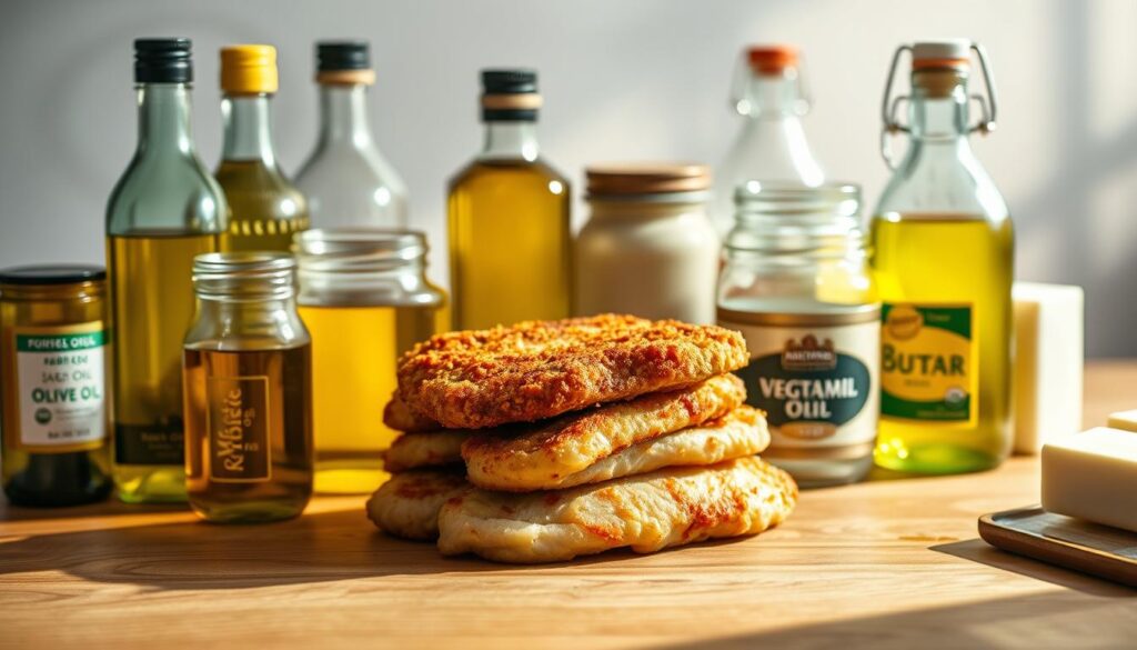 A well-lit still life scene showcasing an assortment of cooking oils and fats on a wooden table. In the foreground, a variety of bottles and jars containing olive oil, vegetable oil, lard, and butter are arranged neatly. The middle ground features a small stack of fried pork chops, emphasizing the impact of the chosen fat on the crispiness of the breading. The background is softly blurred, creating a focus on the culinary ingredients. Warm, natural lighting casts subtle shadows, enhancing the texture and sheen of the different fats. The overall mood is one of culinary exploration and the importance of selecting the right fat for achieving the perfect crispy coating. A well-lit still life scene showcasing an assortment of cooking oils and fats on a wooden table. In the foreground, a variety of bottles and jars containing olive oil, vegetable oil, lard, and butter are arranged neatly. The middle ground features a small stack of fried pork chops, emphasizing the impact of the chosen fat on the crispiness of the breading. The background is softly blurred, creating a focus on the culinary ingredients. Warm, natural lighting casts subtle shadows, enhancing the texture and sheen of the different fats. The overall mood is one of culinary exploration and the importance of selecting the right fat for achieving the perfect crispy coating.