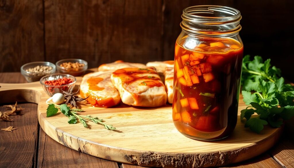 A wooden board set against a rustic, earthy backdrop, with various aromatic spices, herbs, and marinading ingredients artfully arranged. In the foreground, a glass jar filled with a rich, savory marinade, its contents swirling and beckoning the viewer. The lighting is soft and natural, casting gentle shadows that highlight the textures and colors of the scene. In the middle ground, a selection of pork chops or pork loin cuts, their surfaces glistening with the marinade's essence. The overall mood is one of culinary anticipation, inviting the viewer to imagine the flavorful, tender pork that will emerge from this carefully curated marinade. A wooden board set against a rustic, earthy backdrop, with various aromatic spices, herbs, and marinading ingredients artfully arranged. In the foreground, a glass jar filled with a rich, savory marinade, its contents swirling and beckoning the viewer. The lighting is soft and natural, casting gentle shadows that highlight the textures and colors of the scene. In the middle ground, a selection of pork chops or pork loin cuts, their surfaces glistening with the marinade's essence. The overall mood is one of culinary anticipation, inviting the viewer to imagine the flavorful, tender pork that will emerge from this carefully curated marinade.