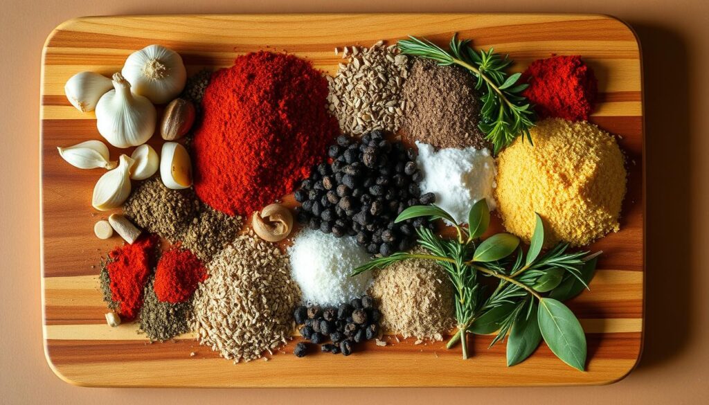 A wooden cutting board filled with an assortment of whole and ground spices, herbs, and seasonings, including garlic, onion, paprika, black pepper, rosemary, thyme, and bay leaves. The ingredients are arranged in a visually appealing, symmetrical pattern, with a warm, natural lighting illuminating the scene. The background is a plain, earthy-toned surface, allowing the vibrant colors and textures of the spices to take center stage. The overall composition evokes a sense of culinary preparation and the rich, flavorful aromas associated with meat marinades and seasoning blends. A wooden cutting board filled with an assortment of whole and ground spices, herbs, and seasonings, including garlic, onion, paprika, black pepper, rosemary, thyme, and bay leaves. The ingredients are arranged in a visually appealing, symmetrical pattern, with a warm, natural lighting illuminating the scene. The background is a plain, earthy-toned surface, allowing the vibrant colors and textures of the spices to take center stage. The overall composition evokes a sense of culinary preparation and the rich, flavorful aromas associated with meat marinades and seasoning blends.