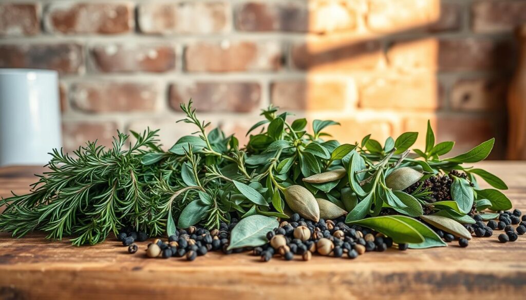 A wooden kitchen counter covered in an assortment of freshly harvested herbs and spices, including rosemary, thyme, sage, black peppercorns, and bay leaves. The lighting is warm and natural, casting a soft glow across the arrangement. In the background, a rustic brick wall provides a textured backdrop, emphasizing the homemade, artisanal feel. The composition is balanced, with the spices arranged in an aesthetically pleasing manner, hinting at the flavorful and aromatic potential for preparing a delicious duck dish. The overall mood is one of culinary inspiration and the comforting essence of a well-equipped home kitchen. A wooden kitchen counter covered in an assortment of freshly harvested herbs and spices, including rosemary, thyme, sage, black peppercorns, and bay leaves. The lighting is warm and natural, casting a soft glow across the arrangement. In the background, a rustic brick wall provides a textured backdrop, emphasizing the homemade, artisanal feel. The composition is balanced, with the spices arranged in an aesthetically pleasing manner, hinting at the flavorful and aromatic potential for preparing a delicious duck dish. The overall mood is one of culinary inspiration and the comforting essence of a well-equipped home kitchen.