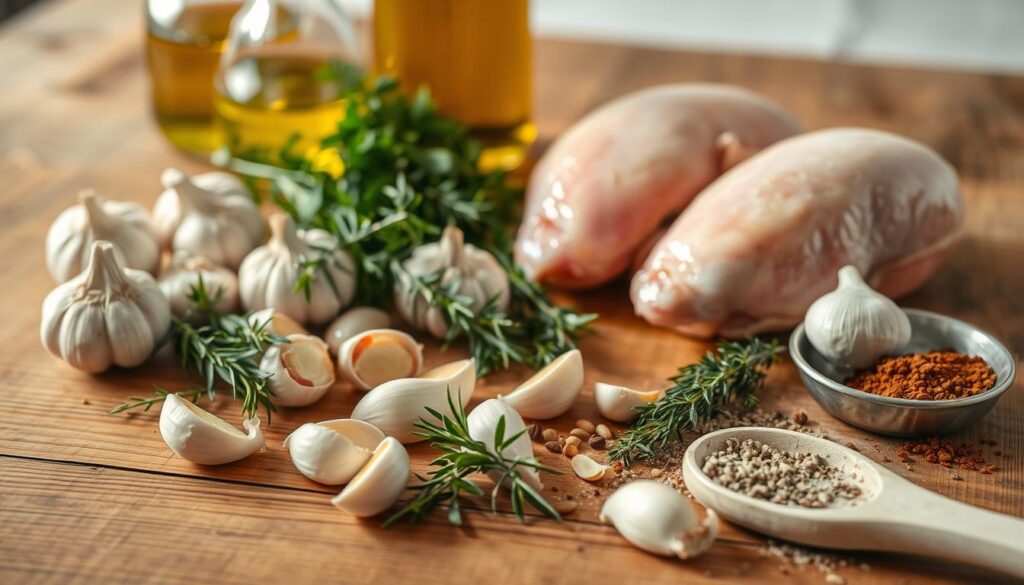 A wooden table with a variety of ingredients for a chicken marinade, including garlic cloves, fresh herbs like rosemary and thyme, olive oil, vinegar, and spices. The lighting is warm and soft, creating a cozy, appetizing atmosphere. The composition focuses on the ingredients, with a clean, minimalist style that highlights the natural textures and colors. The image conveys a sense of homemade, artisanal preparation, perfectly suited for the "Przepis na marynatę do kurczaka" section of the article. A wooden table with a variety of ingredients for a chicken marinade, including garlic cloves, fresh herbs like rosemary and thyme, olive oil, vinegar, and spices. The lighting is warm and soft, creating a cozy, appetizing atmosphere. The composition focuses on the ingredients, with a clean, minimalist style that highlights the natural textures and colors. The image conveys a sense of homemade, artisanal preparation, perfectly suited for the "Przepis na marynatę do kurczaka" section of the article.