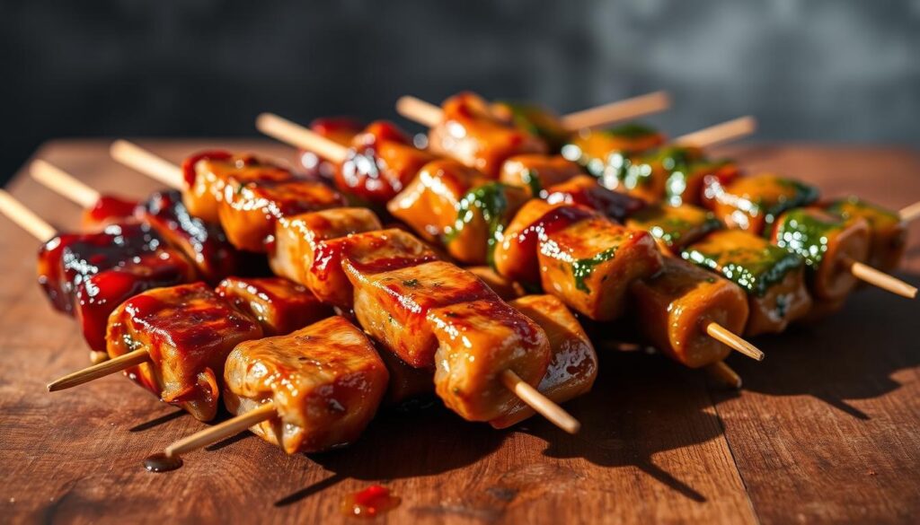 A wooden table with an assortment of marinated pork skewers, arranged in a visually appealing manner. The skewers showcase various marinades, each with a distinct color and texture - from a deep, rich burgundy to a vibrant green herb-infused glaze. The lighting is soft and natural, casting subtle shadows that accentuate the contours of the meat and the glistening surface of the marinades. The background is blurred, keeping the focus on the delectable skewers and creating a sense of culinary artistry. The overall mood is one of anticipation and mouthwatering delight, inviting the viewer to imagine the flavorful experience of these diverse marinade variants. A wooden table with an assortment of marinated pork skewers, arranged in a visually appealing manner. The skewers showcase various marinades, each with a distinct color and texture - from a deep, rich burgundy to a vibrant green herb-infused glaze. The lighting is soft and natural, casting subtle shadows that accentuate the contours of the meat and the glistening surface of the marinades. The background is blurred, keeping the focus on the delectable skewers and creating a sense of culinary artistry. The overall mood is one of anticipation and mouthwatering delight, inviting the viewer to imagine the flavorful experience of these diverse marinade variants.