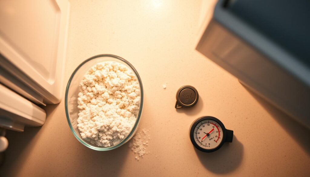 An overhead view of a kitchen counter with a transparent glass container filled with active dry yeast granules, alongside a small digital freezer thermometer. The freezer door is ajar, revealing the frosty interior. Warm lighting casts soft shadows, creating a cozy, informative atmosphere. The overall scene conveys the concept of properly storing yeast in a freezer for long-term preservation of its leavening properties.
