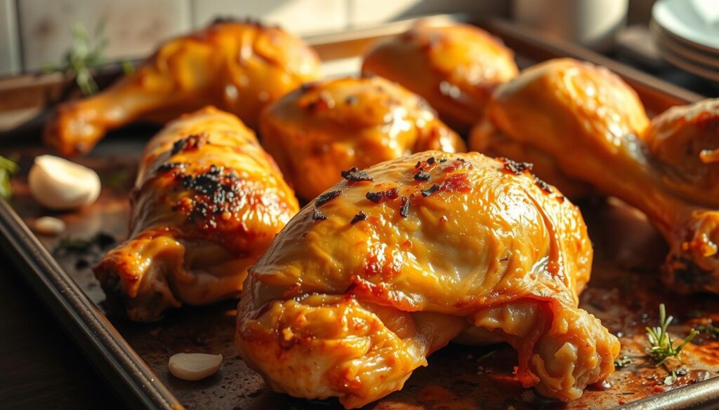 Baked chicken drumsticks, golden-brown and glistening, resting on a sheet pan. Crispy skin covers juicy, tender meat. Scattered around the drumsticks are aromatic herbs like rosemary, thyme, and garlic, lending a savory aroma. The scene is bathed in warm, natural lighting, casting soft shadows that accentuate the drumsticks' contours. A slightly blurred background suggests a rustic, homey kitchen setting. The overall mood is inviting and mouthwatering, perfectly capturing the essence of "Udka z kurczaka pieczone" - baked chicken drumsticks at their best. Baked chicken drumsticks, golden-brown and glistening, resting on a sheet pan. Crispy skin covers juicy, tender meat. Scattered around the drumsticks are aromatic herbs like rosemary, thyme, and garlic, lending a savory aroma. The scene is bathed in warm, natural lighting, casting soft shadows that accentuate the drumsticks' contours. A slightly blurred background suggests a rustic, homey kitchen setting. The overall mood is inviting and mouthwatering, perfectly capturing the essence of "Udka z kurczaka pieczone" - baked chicken drumsticks at their best.