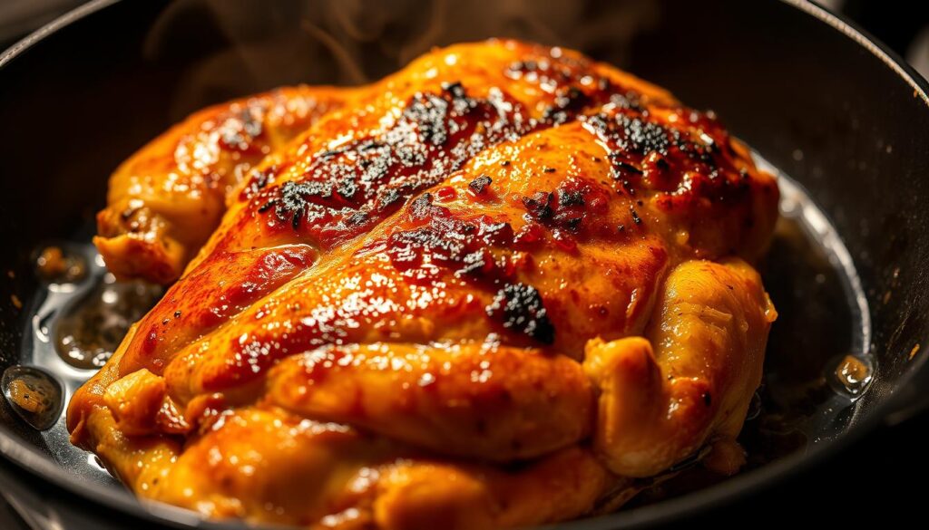 Crisp, golden-brown chicken sizzling in a cast-iron skillet, glistening with seared skin and juices. Soft, succulent meat within, perfectly cooked through. Warm, comforting kitchen ambiance, with hints of fragrant herbs and spices. Dramatic low-angle perspective, capturing the alluring textures and tempting aromas. Dramatic lighting, casting dramatic shadows and highlights, elevating the visual experience. Precise timing and technique to achieve the optimal balance of juicy interior and delectable exterior. Elegant, minimalist composition, allowing the star of the dish to shine. Crisp, golden-brown chicken sizzling in a cast-iron skillet, glistening with seared skin and juices. Soft, succulent meat within, perfectly cooked through. Warm, comforting kitchen ambiance, with hints of fragrant herbs and spices. Dramatic low-angle perspective, capturing the alluring textures and tempting aromas. Dramatic lighting, casting dramatic shadows and highlights, elevating the visual experience. Precise timing and technique to achieve the optimal balance of juicy interior and delectable exterior. Elegant, minimalist composition, allowing the star of the dish to shine.