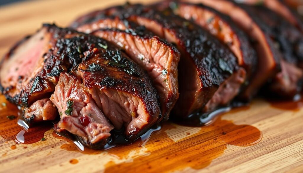 Marinated grilled beef, close-up view. Thick slices of tender, juicy beef steak, resting on a wooden cutting board. The meat is glistening with a deep, caramelized sear, infused with the aroma of garlic, herbs, and spices from the marinade. Soft, golden-brown edges contrast with the moist, pink interior. Droplets of flavorful juices pool around the steak, inviting the viewer to imagine the rich, beefy taste. Warm, directional lighting casts dramatic shadows, highlighting the texture and depth of the meat. A minimalist, natural setting, with a simple background that allows the star of the dish to take center stage. Marinated grilled beef, close-up view. Thick slices of tender, juicy beef steak, resting on a wooden cutting board. The meat is glistening with a deep, caramelized sear, infused with the aroma of garlic, herbs, and spices from the marinade. Soft, golden-brown edges contrast with the moist, pink interior. Droplets of flavorful juices pool around the steak, inviting the viewer to imagine the rich, beefy taste. Warm, directional lighting casts dramatic shadows, highlighting the texture and depth of the meat. A minimalist, natural setting, with a simple background that allows the star of the dish to take center stage.