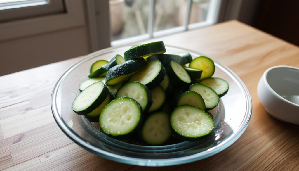 Steaming zucchini on a glass platter, droplets of water glistening on the vibrant green slices. Soft, tender texture with a slight crunch. Minimalist kitchen scene, natural light filtering through windows, highlighting the simplicity of the preparation. Wooden table, simple white ceramic bowl nearby. Neutral tones, soothing atmosphere to complement the article's focus on delicate cooking methods and timing for perfect zucchini. Steaming zucchini on a glass platter, droplets of water glistening on the vibrant green slices. Soft, tender texture with a slight crunch. Minimalist kitchen scene, natural light filtering through windows, highlighting the simplicity of the preparation. Wooden table, simple white ceramic bowl nearby. Neutral tones, soothing atmosphere to complement the article's focus on delicate cooking methods and timing for perfect zucchini.
