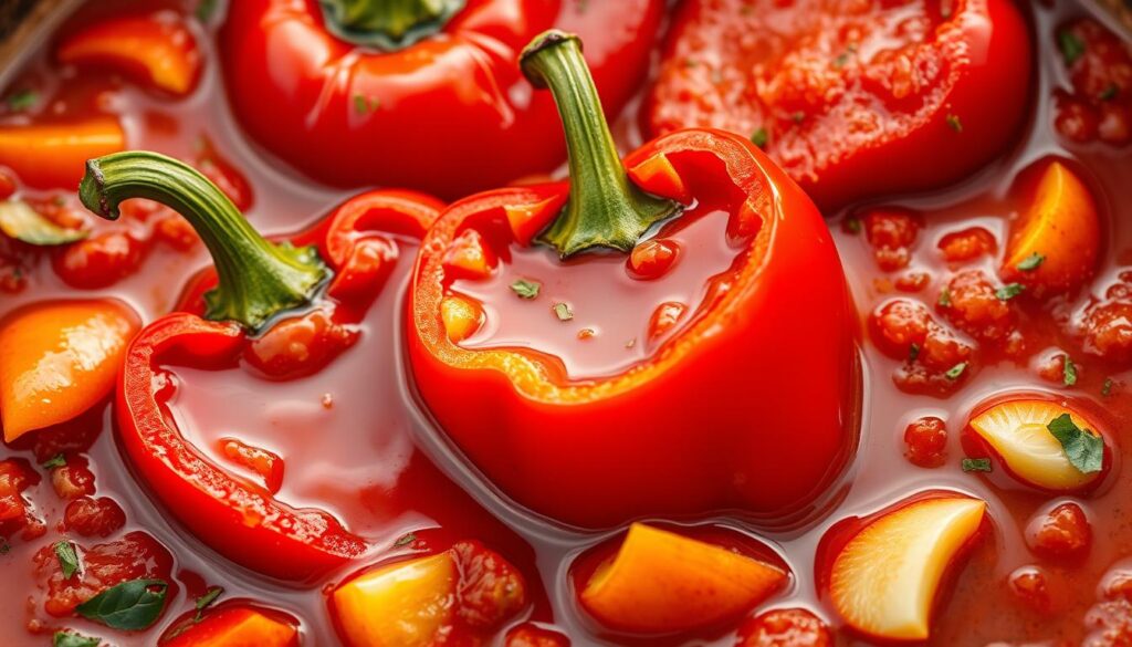 Vibrant red bell peppers glistening with olive oil, nestled in a rich, aromatic tomato-based leczo. Earthy paprika and fragrant garlic permeate the scene, creating a mouthwatering blend of flavors. The peppers are sliced diagonally, revealing their juicy, crisp interior, accentuated by the warm, golden lighting. The composition is balanced, with the peppers taking center stage, surrounded by a lively, textured background of simmering vegetables and herbs. The overall mood is inviting and comforting, reflecting the heart and soul of this beloved Polish dish. Vibrant red bell peppers glistening with olive oil, nestled in a rich, aromatic tomato-based leczo. Earthy paprika and fragrant garlic permeate the scene, creating a mouthwatering blend of flavors. The peppers are sliced diagonally, revealing their juicy, crisp interior, accentuated by the warm, golden lighting. The composition is balanced, with the peppers taking center stage, surrounded by a lively, textured background of simmering vegetables and herbs. The overall mood is inviting and comforting, reflecting the heart and soul of this beloved Polish dish.
