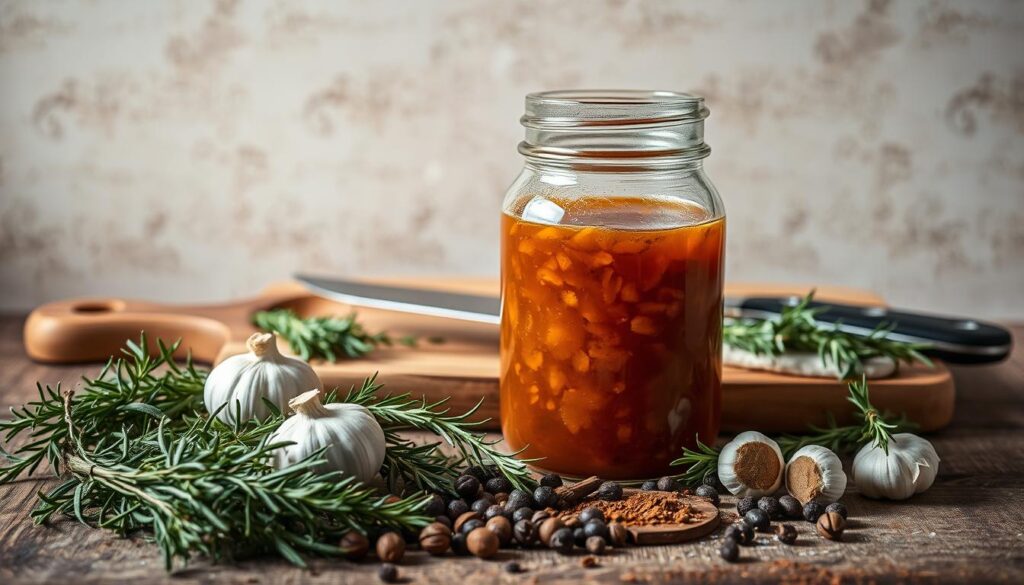 A beautifully arranged still life depicting the ingredients and process of making Magda Gessler's signature marinade for goose. In the foreground, a variety of aromatic herbs and spices are carefully arranged, including fresh thyme, rosemary, garlic, and peppercorns. In the middle ground, a glass jar filled with a rich, amber-colored marinade takes center stage, surrounded by a wooden board and a sharp carving knife. The background features a rustic, textured wall, casting a warm, inviting glow over the scene. The lighting is soft and natural, emphasizing the depth and texture of the ingredients. The overall composition conveys a sense of homemade, artisanal craftsmanship, perfectly capturing the essence of Magda Gessler's signature marinade.