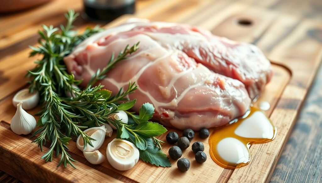 A beautifully lit, close-up photograph of a wooden cutting board with various ingredients for a classic pork shoulder marinade. In the foreground, an array of fresh herbs including rosemary, thyme, and bay leaves, along with garlic cloves, black peppercorns, and a splash of olive oil. The middle ground features a thick slab of raw pork shoulder, ready to be massaged with the fragrant marinade. The background hints at a rustic, country-style kitchen with natural wood tones and soft, even lighting, creating a warm, inviting atmosphere perfect for preparing this classic grilled or roasted pork dish.