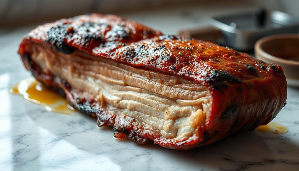 A beautifully seared piece of pork belly, glistening with a rich, caramelized crust, resting on a marble countertop. The aroma of roasted spices and tender, juicy meat fills the air, enticing the senses. A warm, diffused light casts gentle shadows, highlighting the intricate layers of fat and lean. The baked boczek is presented in a natural, rustic setting, inviting the viewer to savor its succulent texture and depth of flavor. A masterful display of culinary artistry, capturing the essence of the perfect, aromatic baked pork belly.